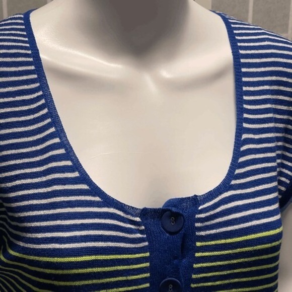 Nanette Lepore Heartbeat Blue Yellow Striped Linen Blend Dress Ruffle Pockets S‎ - Picture 5 of 10